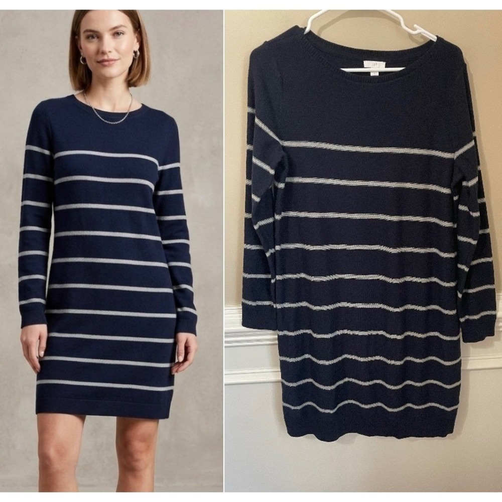 J. Jill Navy Blue Gray Striped Sweater Dress Long Sleeve Size M NWT